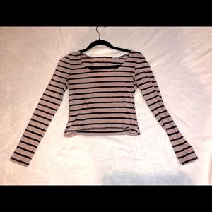 Beige and Black Stripe Long Sleeve Crop Top (S)